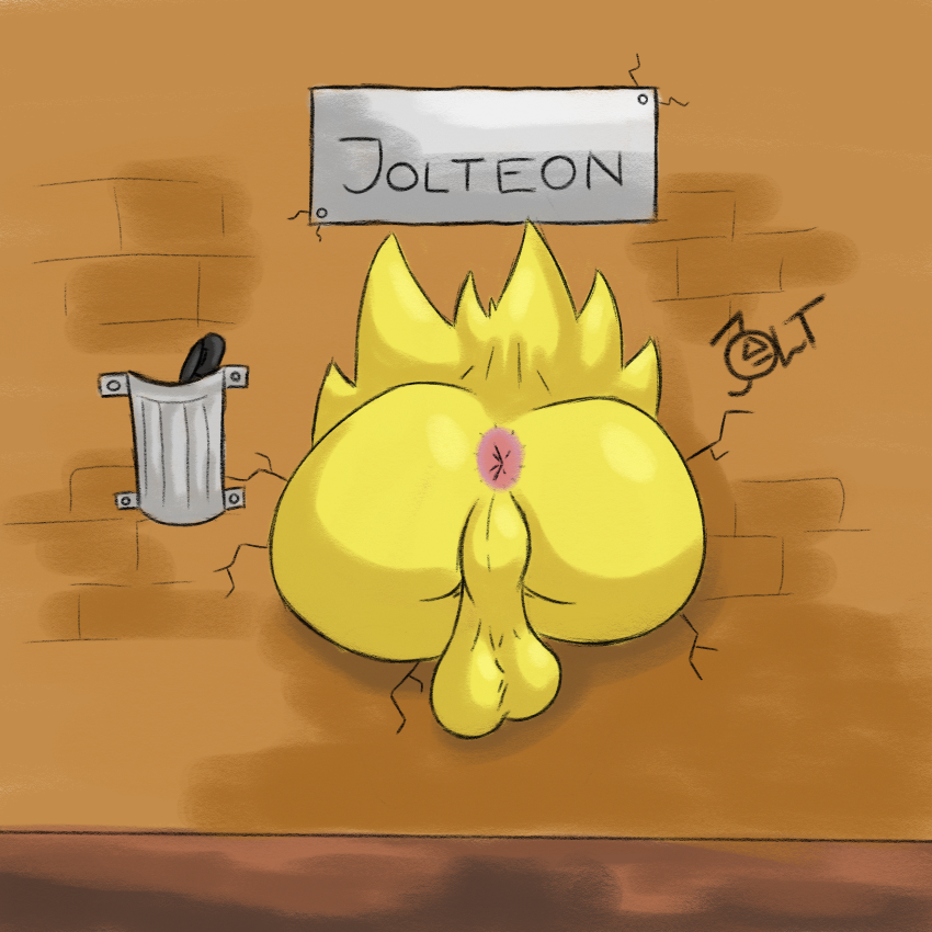 anus backsack balls butt feral fur genitals male marker name_plate nude rear_view solo stuck through_wall writing_utensil yellow_body yellow_fur aztepyeen nintendo pokemon eeveelution generation_1_pokemon jolteon pokemon_(species) 1:1 2021