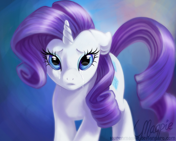 blue_eyeshadow bodily_fluids crying cutie_mark eyeshadow female feral fur hair horn looking_at_viewer makeup purple_hair quadruped solo tail tears white_body white_fur magpie_(artist) friendship_is_magic hasbro my_little_pony mythology rarity_(mlp) equid equine mammal mythological_creature mythological_equine unicorn 2012 5:4