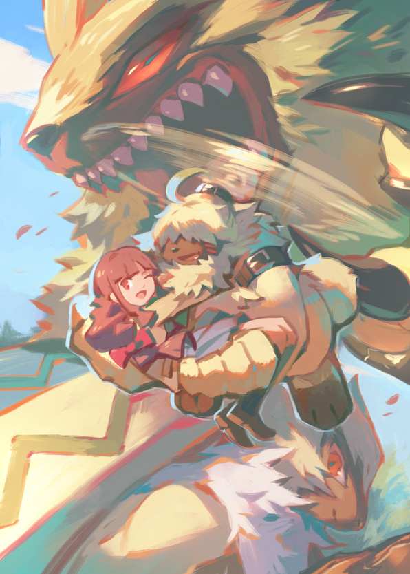 anthro bridal_carry brown_hair carrying_another evolutionary_family female fluffy flying fur group hair hair_over_eyes helicopter_ears long_ears long_hair male ponytail_ears yellow_body yellow_fur garrrzzz bandai_namco digimon digimon_ghost_game ruri_tsukiyono angoramon digimon_(species) human lagomorph lamortmon leporid mammal rabbit symbareangoramon