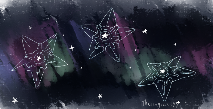 5_legs alternate_color ambiguous_gender aurora_(phenomenon) constellation floating group multi_leg multi_limb on_model sky star starry_sky toony artsy-theo nintendo pokemon echinoderm generation_1_pokemon marine pokemon_(species) staryu 2015 digital_drawing_(artwork) digital_media_(artwork) full-length_portrait portrait signature