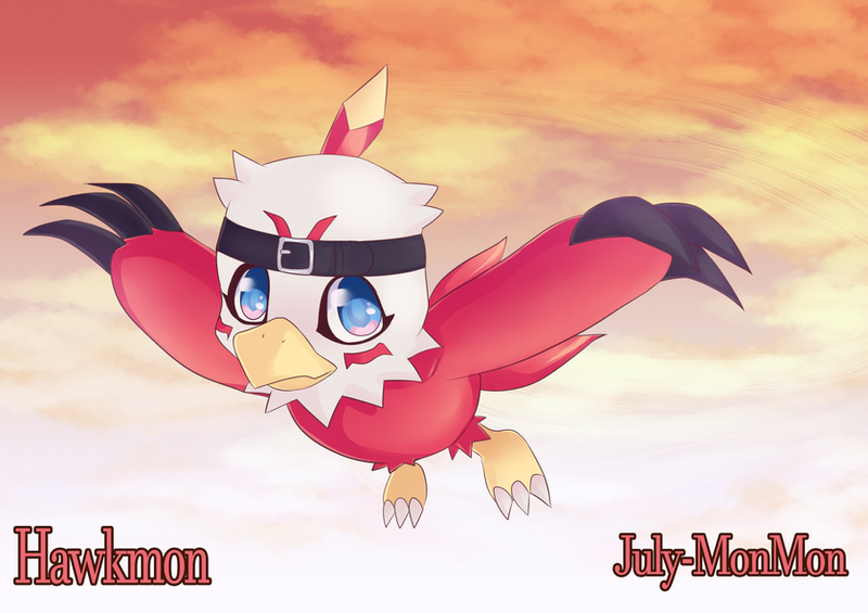 ambiguous_gender beak black_claws blue_eyes claws clothing flying head_markings headgear headwear markings red_markings sky solo white_claws july-monmon bandai_namco digimon avian digimon_(species) hawkmon