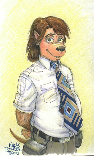 anthro belt black_nose bottomwear brown_hair clothing dress_shirt grey_bottomwear grey_clothing hair looking_at_viewer male necktie shirt solo topwear white_dress_shirt phraggle ralph_(phraggle) mammal 2003 artist_name colored_pencil_(artwork) low_res marker_(artwork) traditional_media_(artwork)