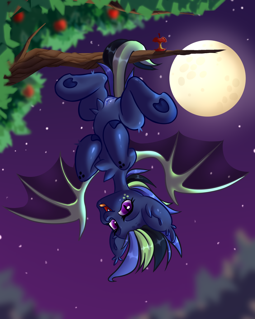 apple apple_tree bat_wings belly female feral fluffy food fruit fruit_tree genitals hanging_by_tail hooves hooves_in_air light membrane_(anatomy) membranous_wings moon moonlight night open_mouth plant pussy sky smile solo spread_legs spread_wings spreading tail tree upside wings illkillux2 hasbro my_little_pony mythology bat_pony equid equine horse mammal mythological_creature mythological_equine pegasus pony better_version_at_source