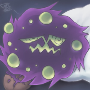 ambiguous_gender eyebrows green_eyes green_mouth grey_background not_furry pillow purple_body raised_inner_eyebrows simple_background solo spiral_eyes unwell zaikudo nintendo pokemon generation_4_pokemon pokemon_(species) spiritomb 1:1 low_res