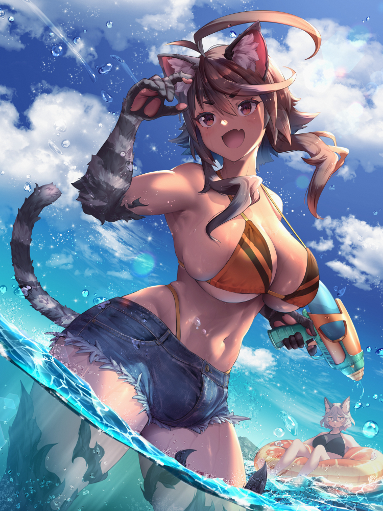 bikini bottomwear bulge cat_tail clothing cloud duo fangs female fur hair hotpants muscular pawpads sea shorts sky smile striped_body striped_fur stripes swimwear teeth toy toy_gun two-piece_swimsuit water water_gun nekoarashi asagaya_rin yagatake_arashi animal_humanoid canid canid_humanoid canine canine_humanoid cat_humanoid felid felid_humanoid feline feline_humanoid humanoid mammal mammal_humanoid 3:4