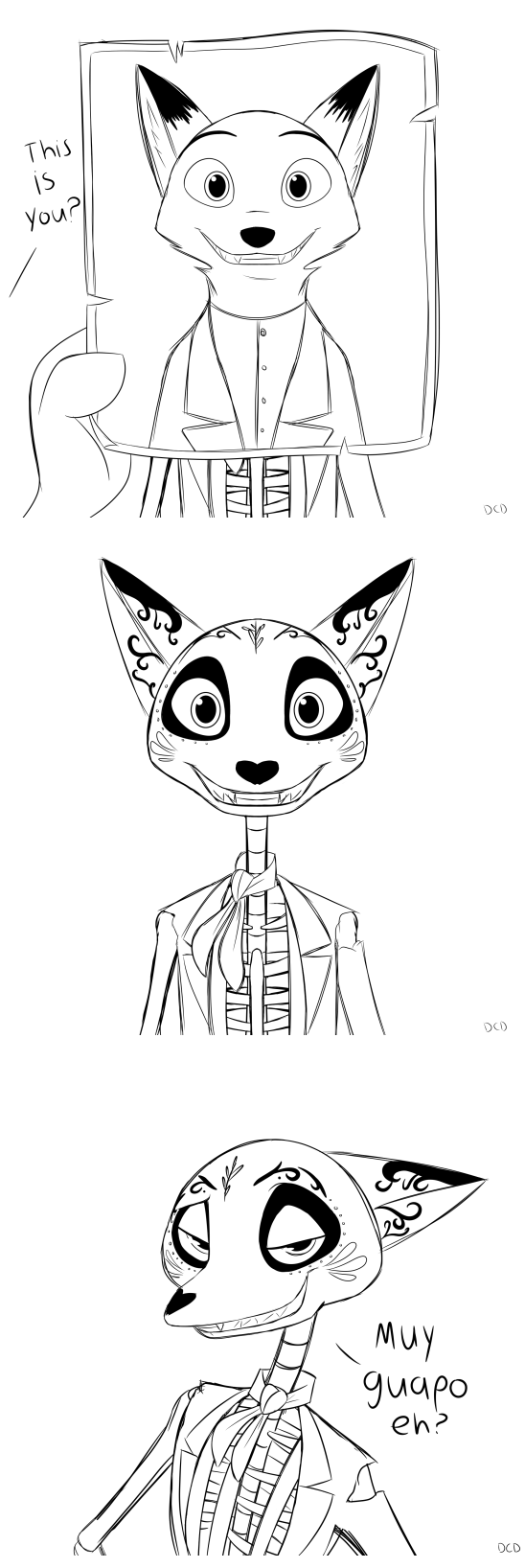 ambiguous_gender asking asking_another bone clothing collar death duo holidays male photo question questioning_tone simple_background skeleton solo_focus tag_question text white_background yes-no_question skelly_doll coco_(pixar) day_of_the_dead disney pixar zootopia hector_rivera nick_wilde canid canine fox mammal red_fox true_fox 2017 black_and_white english_text hi_res monochrome picture_in_picture spanish_text translated