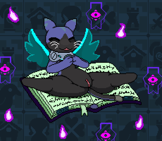 anthro black_body book collar collar_only detailed_background ear_markings eye_bags eyes_closed female genitals lying multicolored_body nude occult_symbol open_mouth open_smile presenting presenting_pussy purple_body pussy sigil smile solo spread_legs spreading symbol tail two_tone_body whiskers wings wisps imactuallygarbage grey_havens spiral_knights battle_sprite_(species) felid feline mammal seraphynx_(species) 2024 digital_media_(artwork) pixel_(artwork)