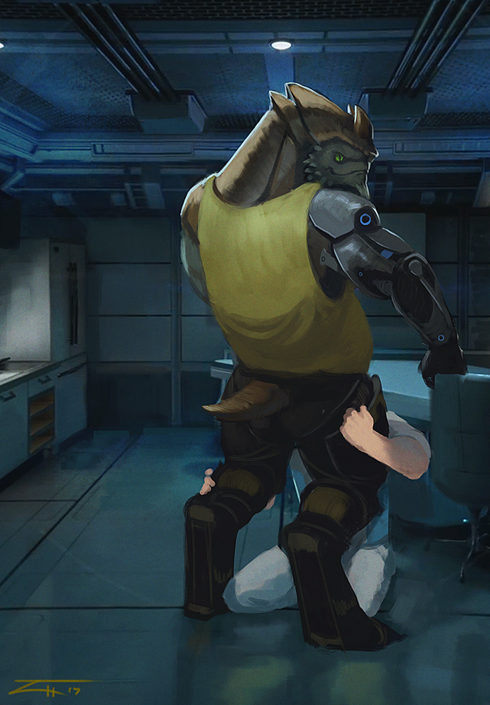 arms_bent bent_arm bent_legs calf_grab chair clothed clothing cybernetic_arm cybernetic_limb cybernetics digitigrade duo furniture green_eyes hand_on_another's_butt hand_on_butt hand_on_calf hand_on_leg head_turn head_turned holding_object implied_oral inside interspecies kitchen kneeling leg_grab looking_at_viewer looking_back looking_back_at_viewer machine male male/male oral prosthetic prosthetic_arm prosthetic_limb raised_hand shirt short_tail size_difference standing suggestive table tail tank_top three-quarter_view topwear touching_butt malorne bioware electronic_arts mass_effect nakmor_drack alien cyborg human krogan mammal 2017 dated digital_media_(artwork) signature