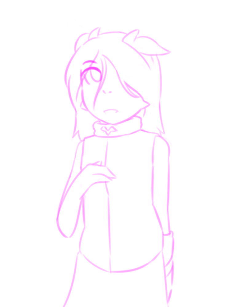 bangs clothed clothing female fully_clothed hair horn long_hair not_furry open_mouth simple_background solo standing white_background young thundragon cinay humanoid tennegrin 4:5 line_art monochrome pink_and_white sketch