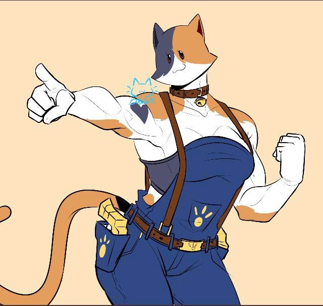 5_fingers anthro belt belt_buckle bent_arm black_body black_fur blue_clothing blue_overalls breasts brown_belt brown_collar brown_eyes brown_suspenders buckle cat_tail cheek_tuft cleavage closed_smile clothed clothing collar crossgender dot_eyes extended_arm eyelashes facial_tuft female fingers fist fur gesture glistening glistening_eyes grey_clothing grey_topwear gun_holster hand_gesture logo looking_aside medium_breasts mottled mouth_closed mtf_crossgender multicolored_body multicolored_fur muscular muscular_anthro muscular_arms muscular_female overalls piebald pointing pointing_left pose prick_ears simple_background simple_face smile smirk solo standing suspenders tan_background tan_body tan_fur topwear tuft white_body white_fur bobaocto epic_games fortnite meowscles calico_cat domestic_cat felid feline felis mammal 2020 artist_logo digital_media_(artwork) portrait signature three-quarter_portrait