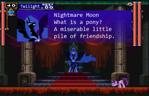 black_body black_feathers cutie_mark dialogue duo feathered_wings feathers female feral fur hair horn media_accurate multicolored_hair parody purple_body purple_fur purple_hair quadruped tail text two_tone_hair wings unknown_artist castlevania friendship_is_magic hasbro konami my_little_pony mythology dracula nightmare_moon_(mlp) twilight_sparkle_(mlp) equid equine mammal mythological_creature mythological_equine unicorn winged_unicorn crossover digital_media_(artwork) english_text low_res pixel_(artwork)