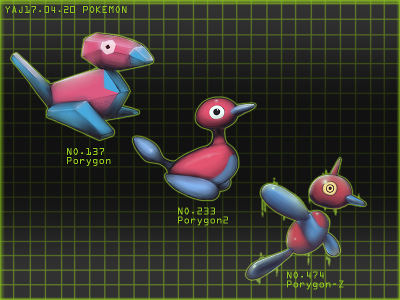 abstract_background ambiguous_gender artificial_intelligence beak feral group machine yellow_eyes yaj_leaf nintendo pokemon digital_creature generation_1_pokemon generation_2_pokemon generation_4_pokemon pokemon_(species) porygon porygon-z porygon2 robot 4:3