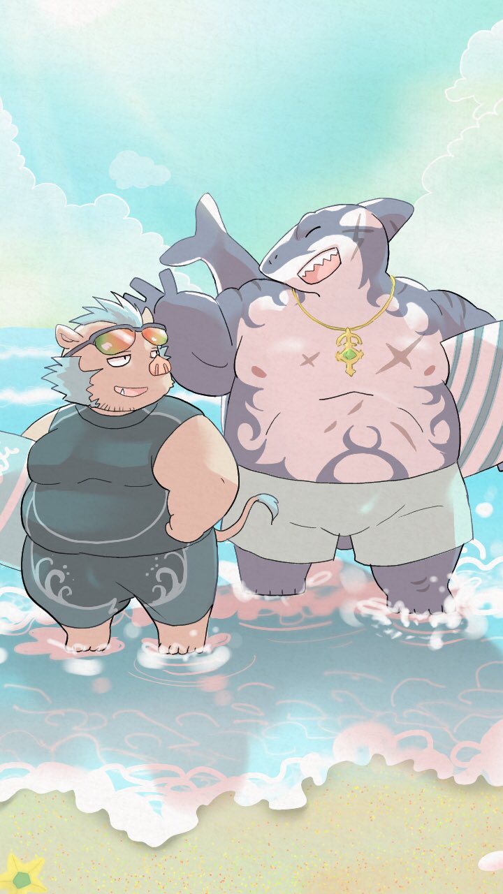 anthro belly blue_hair brown_body brown_fur clothing duo eyewear fur hair male musclegut muscular nipples overweight overweight_male smile sunglasses swimwear wetsuit rorondo4 lifewonders tokyo_afterschool_summoners ganglie_(tas) typhon_(tas) fish mammal marine shark suid suine sus_(pig) wild_boar 9:16 hi_res