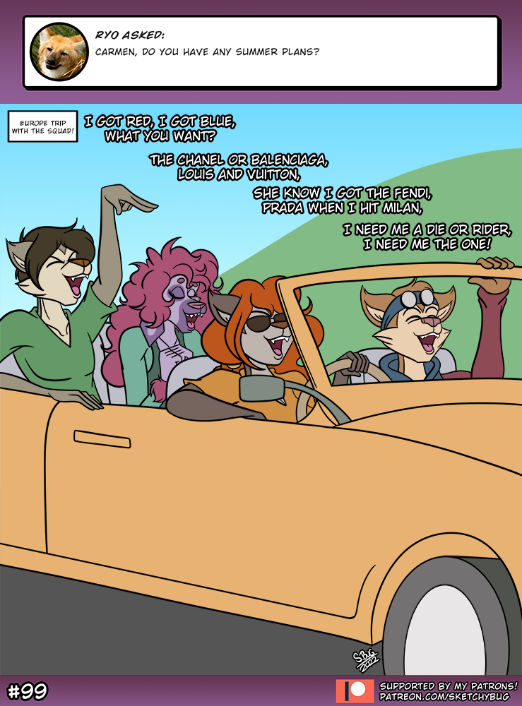 anthro car convertible driving eyewear female group inside_car inside_vehicle male motor_vehicle rapping road_trip singing sunglasses text vehicle sketchybug carmen_russo_(sketchybug) chantal_montano_(sketchybug) jason_lawrence_(sketchybug) ty_park_(sketchybug) canid canine canis domestic_cat domestic_dog felid feline felis hybrid hyena mammal poodle english_text