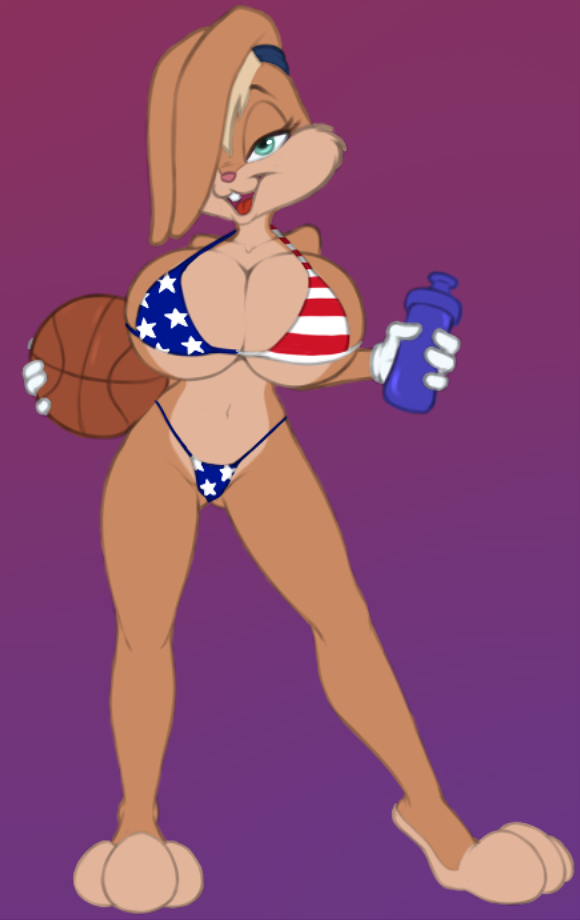 american_flag american_flag_bikini anthro ball basketball_(ball) bedroom_eyes big_breasts bikini bikini_bottom bikini_top bottle breasts cleavage clothed clothing container female flag flag_bikini flag_print gloves handwear holding_ball holding_bottle holding_container holding_object huge_breasts looking_at_viewer narrowed_eyes one_eye_obstructed open_mouth open_smile print_bikini print_clothing print_swimwear seductive smile solo swimwear top_heavy two-piece_swimsuit united_states_of_america billboi looney_tunes warner_brothers lola_bunny lagomorph leporid mammal rabbit 2021 full-length_portrait portrait