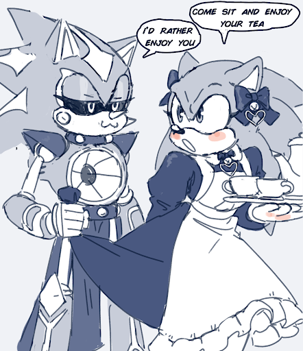 :3 anthro blush bottomwear bottomwear_pull clothed clothing clothing_pull crossdressing dialogue duo eye_contact eyelashes flirting holding_tray looking_at_another machine maid_uniform male male/male skirt skirt_pull speech_bubble uniform arrow_hearted sega sonic_the_hedgehog_(series) neo_metal_sonic sonic_the_hedgehog eulipotyphlan hedgehog mammal robot