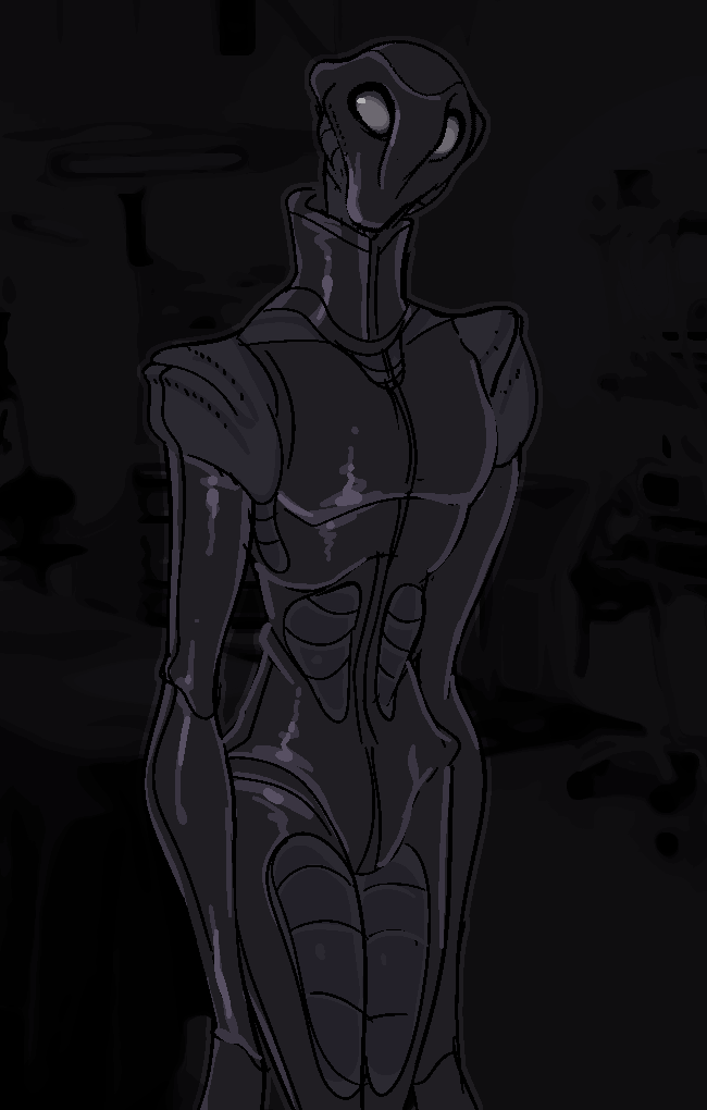 anthro armored_body black_body front_view grey_body grey_eyes markings solo white_eyes conditional_dnp welwraith alien cryptid humanoid dark_theme digital_drawing_(artwork) digital_media_(artwork) portrait three-quarter_portrait