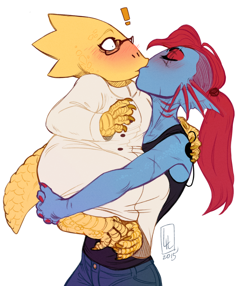 anthro blue_body blue_skin blush clothing coat duo exclamation_point eyes_closed eyewear female female/female glasses kiss_on_lips kissing lab_coat lifting scales surprise_kiss topwear yellow_body yellow_scales lilaira undertale undertale_(series) alphys undyne fish lizard marine reptile scalie 2015 alpha_channel