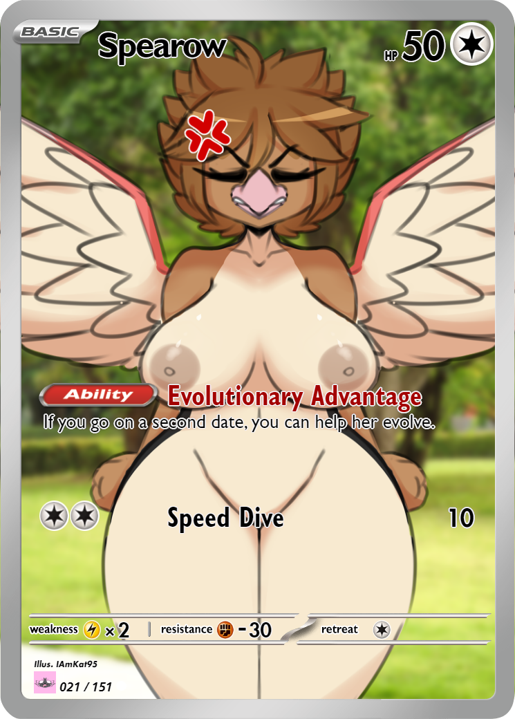 anthro areola beak big_breasts breasts brown_hair card_template cross-popping_vein eyebrows eyelashes eyes_closed feathered_wings feathers female hair huge_thighs nipples nude pokemon_card solo tan_body tan_feathers text thick_thighs wide_hips wings i_am_kat95 nintendo pokemon generation_1_pokemon pokemon_(species) spearow 2024 english_text