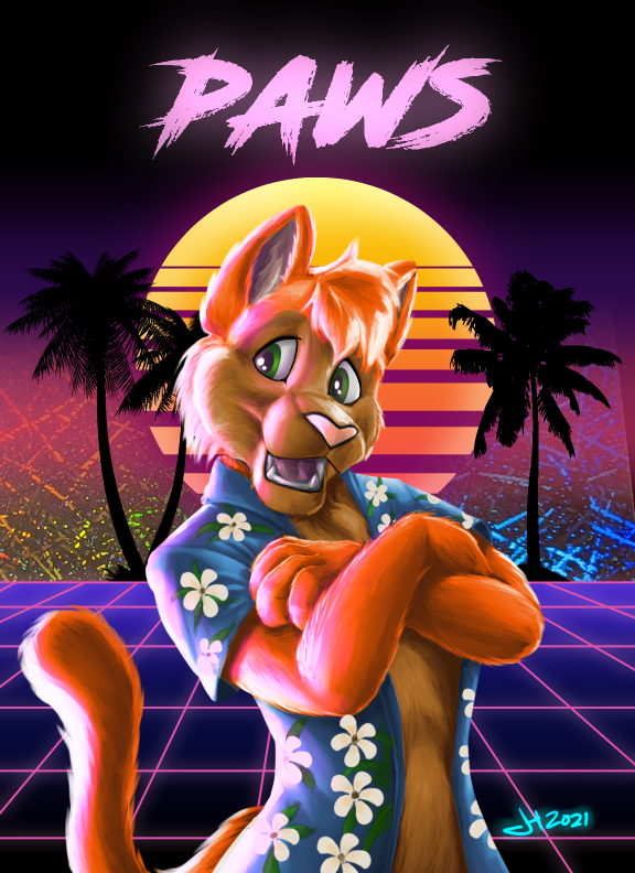 aloha_shirt anthro badge biped clothed clothing green_eyes grid open_clothing open_shirt open_topwear orange_body parody pattern_clothing pattern_shirt pattern_topwear retro shirt solo standing synthwave topwear ironraptor felid feline mammal colorful_theme digital_media_(artwork) half-length_portrait portrait