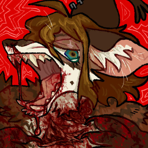 ambiguous_gender anthro blood bodily_fluids gore open_mouth self-harm sharp_teeth solo teeth guncht canid canine mammal 1:1 headshot_portrait icon low_res portrait