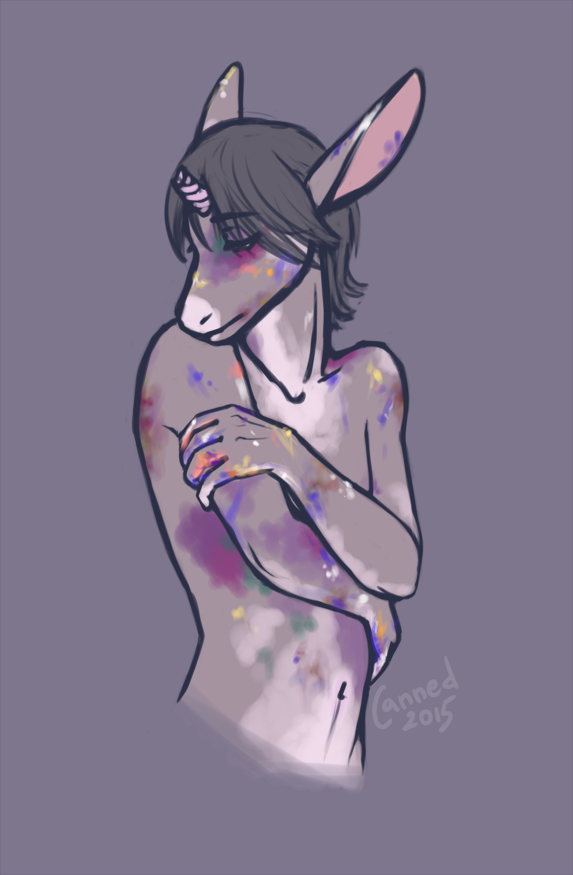 anthro black_hair blunted_horn covering covering_self eyes_closed fur hair horn male multicolored_body multicolored_fur navel nude paint solo canned_(artist) mythology equid equine mammal mythological_creature mythological_equine unicorn 2015 character_request half-length_portrait portrait