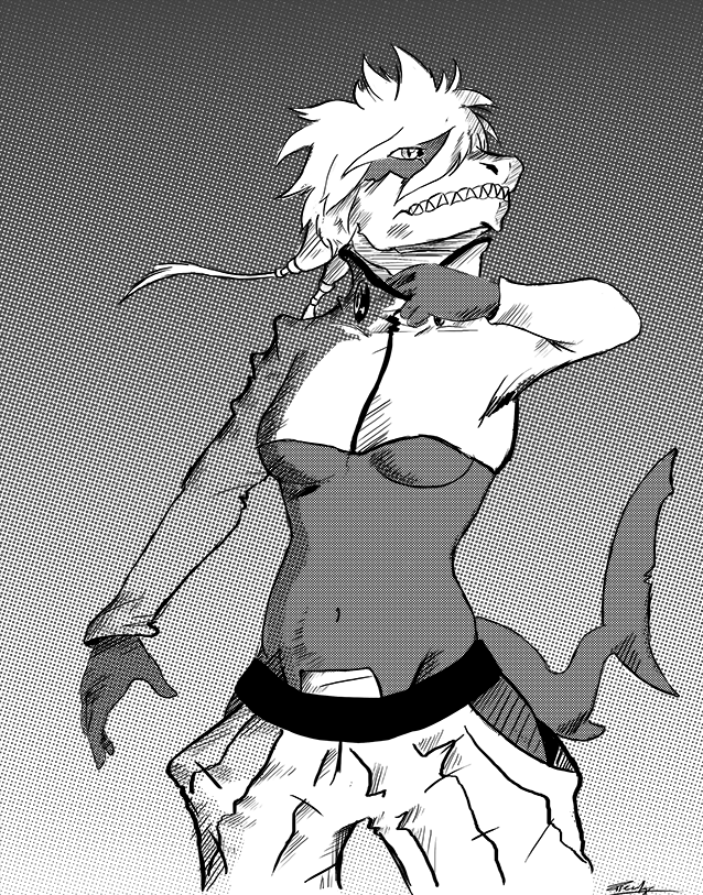 anthro asian_clothing bottomwear clothing cosplay east_asian_clothing female gradient_background hakama japanese_clothing kemono screentone simple_background solo treefyleaves bleach_(series) tia_halibel tier_halibel arrancar fish marine shark comic greyscale monochrome