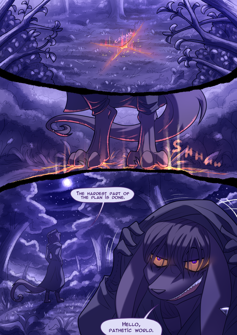 anthro clothing dialogue ear_piercing ear_ring fangs fire forest forest_background fur hair horn light male moon moonlight nature nature_background orange_eyes piercing plant purple_body purple_eyes purple_fur purple_hair ring ring_piercing robe solo speech_bubble star steam steamy_breath teeth text tree ripli a_story_with_a_known_end rivenlod_rygers canid canine demon mammal 2025 comic digital_media_(artwork) english_text hard_translated translated