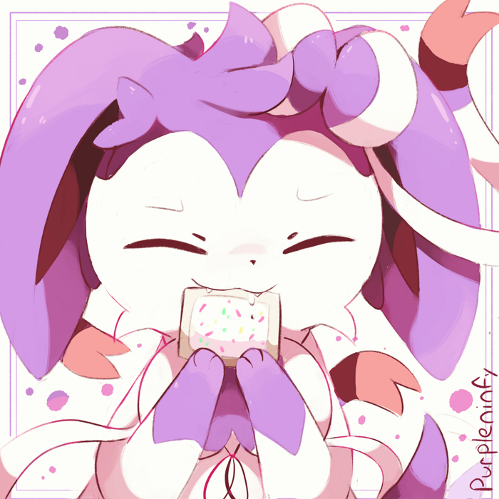 :3 alternate_color ambiguous_gender cute_fangs ears_down fangs fluffy_ears food fur gloves_(marking) happy long_ears markings pivoted_ears purple_body purple_ears purple_fur purple_tail ribbons solo tail teeth white_body white_fur purpleninfy nintendo pokemon pop-tarts eeveelution generation_6_pokemon pokemon_(species) sylveon 1:1 purple_theme