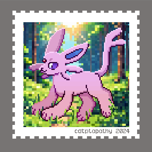 2_tails all_fours ambiguous_gender feral forehead_gem forest gem grass looking_away multi_tail plant purple_body purple_eyes solo stamp sun tail tree catptapathy nintendo pokemon eeveelution espeon generation_2_pokemon pokemon_(species) 1:1 2024 digital_media_(artwork) low_res pixel_(artwork)