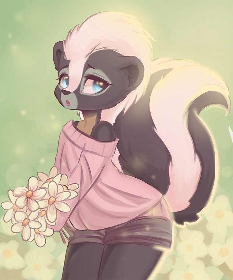 anthro anthrofied blue_eyes bottomwear bouquet clothed clothing crossdressing femboy flower holding_bouquet holding_flower holding_object legs_together light looking_aside male off_shoulder open_mouth outside particles plant shorts solo standing sunlight sweater topwear valeria_fills bambi_(film) disney flower_(bambi) mammal mephitid skunk 2021 5:6