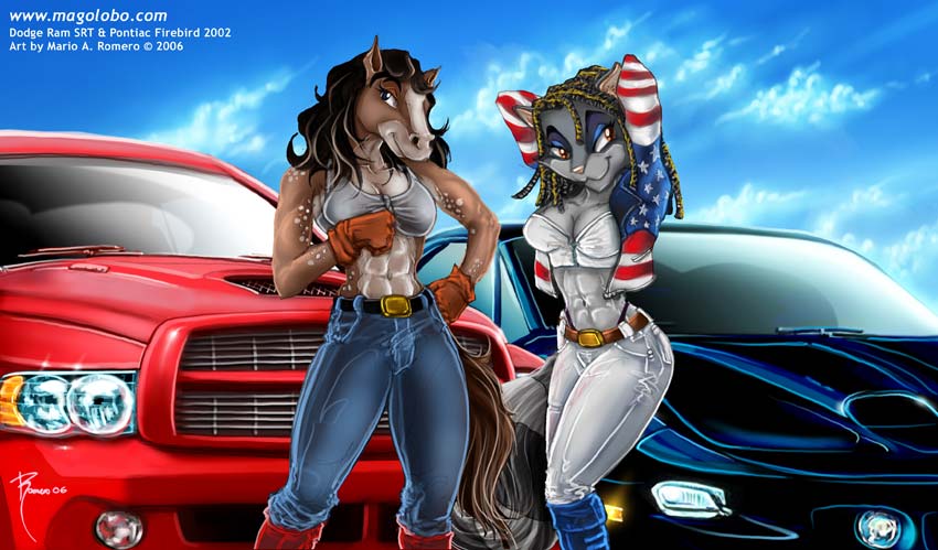 anthro blue_sky bottomwear brown_eyes car clothing day denim denim_bottomwear denim_clothing detailed_background duo female gloves handwear jeans light_truck motor_vehicle pants pickup_truck pose sky tight_clothing truck_(vehicle) vehicle magolobo dodge_(brand) general_motors pontiac pontiac_firebird ram_trucks domestic_cat equid equine felid feline felis horse mammal 2006 digital_media_(artwork)