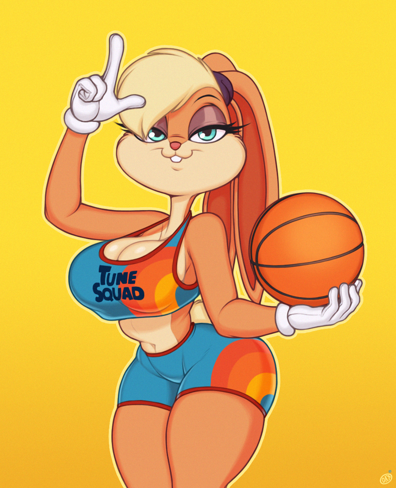 4_fingers :3 anthro ball basketball_(ball) basketball_uniform big_breasts blonde_hair blue_eyes bottomwear breasts buckteeth cleavage clothed clothing cotton_tail eyelashes female fingers gesture gloves hair hand_gesture handwear holding_ball holding_object long_ears looking_at_viewer loser_gesture shirt short_tail shorts simple_background small_waist smile solo sportswear tail tank_top teeth text text_on_clothing text_on_shirt text_on_tank_top text_on_topwear topwear tune_squad_outfit tune_squad_outfit_(2021) uniform white_clothing white_gloves white_handwear daxzor looney_tunes space_jam space_jam:_a_new_legacy warner_brothers lola_bunny lagomorph leporid mammal rabbit 2021 digital_media_(artwork) signature