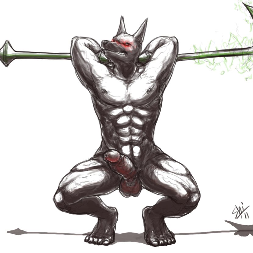 abs anthro arms_bent balls bent_legs black_body black_fur crouching egyptian erection flexing fur genitals grin hands_behind_head humanoid_genitalia humanoid_penis male melee_weapon muscular muscular_anthro muscular_male nude penis polearm pose presenting raised_arms red_eyes smile solo spread_knees staff weapon yellowpower league_of_legends riot_games tencent anubite nasus_(lol) anubian_jackal canid canine canis deity jackal mammal 1:1 pinup