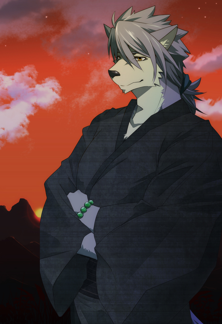 anthro asian_clothing black_clothing black_kimono clothing cloud countershade_face countershade_torso countershading crossed_arms east_asian_clothing fur grey_body grey_countershading grey_fur grey_hair hair japanese_clothing kimono male orange_eyes red_sky sky solo star starry_sky ig1119 morenatsu kouya_(morenatsu) canid canine canis domestic_dog husky mammal nordic_sled_dog spitz 2013 colored