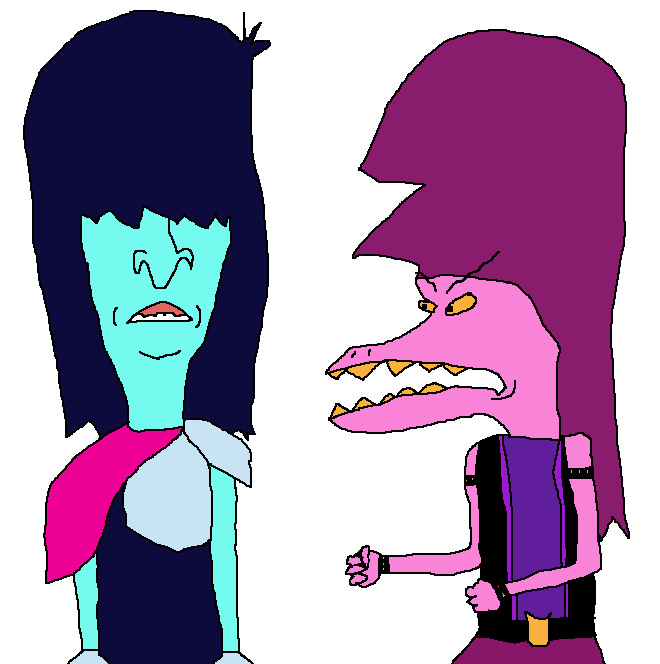 4_fingers ambiguous_gender blue_body blue_hair blue_skin clothed clothing duo fingers hair pink_body pink_hair pink_skin simple_background style_emulation teeth white_background yellow_sclera yellow_teeth tanimationllc beavis_and_butt-head deltarune kris_where_are_we undertale_(series) beavis butt-head kris_(deltarune) susie_(deltarune) dinosaur human mammal prehistoric_species reptile scalie 2021 meme