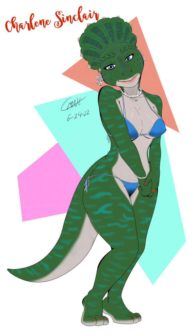 anthro bikini breasts clothing female looking_at_viewer smile solo swimwear text two-piece_swimsuit year jackelhaze dinosaurs_(series) charlene_sinclair ceratopsian dinosaur ornithischian prehistoric_species protoceratops reptile scalie 2022 character_name hi_res