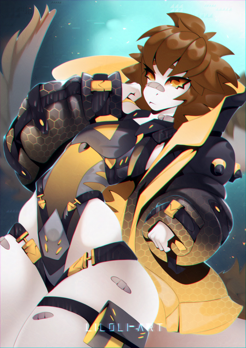 anthro black_clothing bodysuit brown_hair clothing cyberpunk hair jacket long_tail orange_eyes ribbons simple_background skinsuit tail thick_thighs tight_clothing topwear white_body yellow_clothing liloli_(artist) elootam reptile scalie snake plaster_(disambiguation)