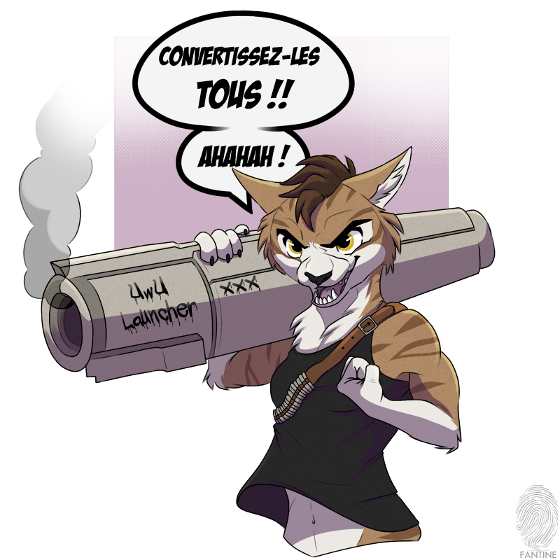 cannon closed_hands clothing european evil_face female fur hair humor ranged_weapon rocket_launcher smile smiling_at_viewer solo striped_body striped_fur stripes text uwu weapon fantine camille_saint_thomas domestic_cat felid feline felis mammal 1:1