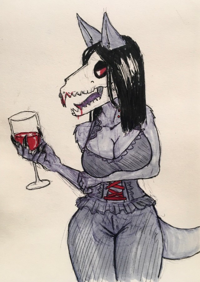 alcohol anthro beverage blood bodily_fluids bone breasts claws cleavage clothed clothing container cup drinking_glass female glass glass_container glass_cup skull skull_head solo wine wine_glass victordantes scp_foundation marsh_(marshthemalo) scp-1471-a canid canine canis malo mammal vampire wolf traditional_media_(artwork)