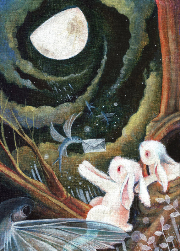 ambiguous_gender black_eyes blue_body cloud detailed_background envelope feral flying fur group looking_away looking_up moon night object_in_mouth outstretched_arms plant red_eyes scales sitting star surrealism tree white_body white_fur libe flying_fish lagomorph leporid mammal rabbit