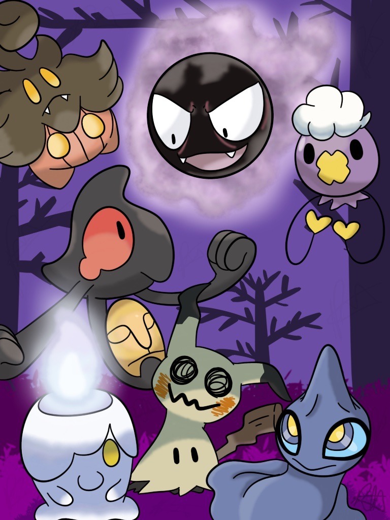 ambiguous_gender black_body feral fire group not_furry plant red_eyes tree rainbowlilyartist nintendo pokemon drifloon gastly generation_1_pokemon generation_3_pokemon generation_4_pokemon generation_5_pokemon generation_6_pokemon generation_7_pokemon litwick mimikyu pokemon_(species) pumpkaboo shuppet yamask 2021 3:4