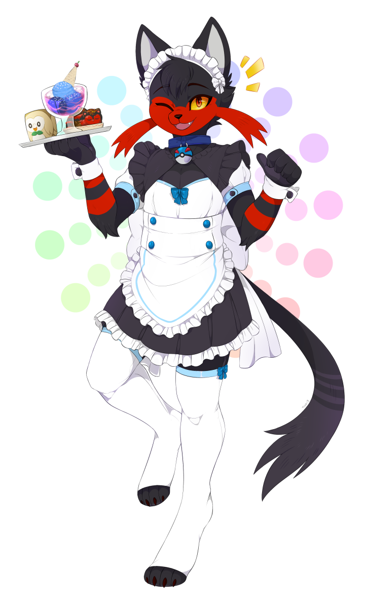 ambiguous_gender anthro anthrofied beverage clothed clothing collar dessert emanata femboy food fur great_ball ice_cream legwear maid_uniform one_eye_closed open_mouth pokeball pokeball_collar pokemorph red_eyes simple_background solo tray uniform waiter white_background wink yellow_sclera tiaamaito nintendo pokemon fan_character kobe_torihito_(akihime) felid feline generation_7_pokemon litten mammal pokemon_(species) popplio rowlet 2019 hi_res