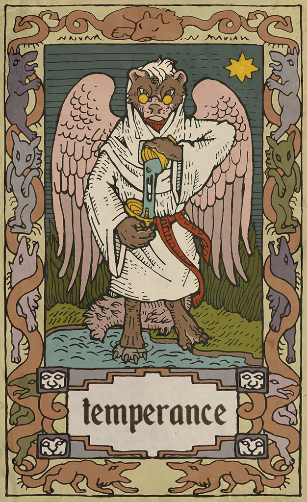 border card card_template claws clothed clothing eyewear feathered_wings feathers fortune_telling fur glasses grass looking_at_viewer major_arcana night outside plant robe sky solo standing star symbolism tarot tarot_card temperance_(tarot) text water wings musorok angel gulonine mammal mustelid musteline wolverine 2016 english_text