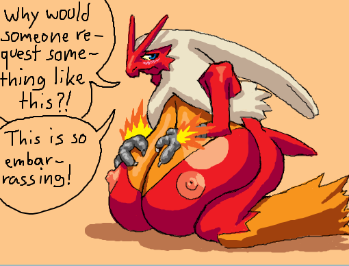 anthro bent_over big_breasts blush breasts female huge_breasts nipples non-mammal_breasts non-mammal_nipples solo text average_artist nintendo pokemon avian bird blaziken generation_3_pokemon pokemon_(species) english_text