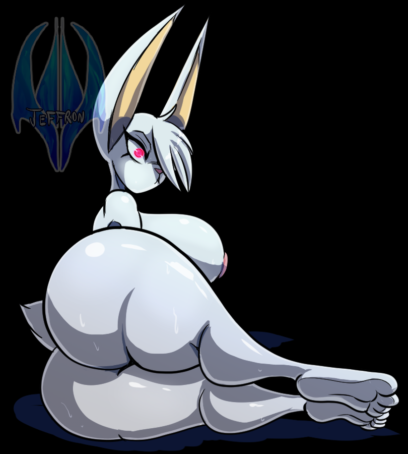 big_breasts big_butt bodily_fluids breasts butt female huge_butt lying nude on_side red_eyes solo sweat thick_thighs jeffron white_(jeffron) lagomorph leporid mammal rabbit