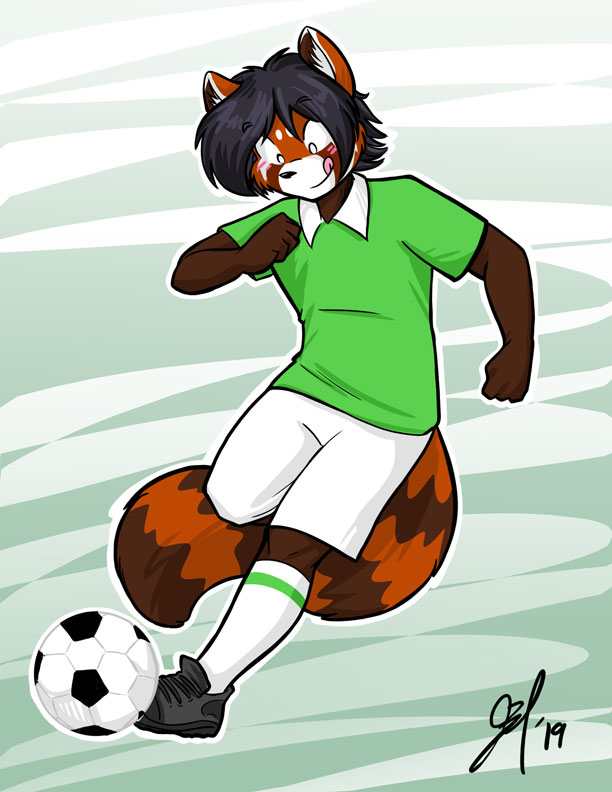 anthro ball black_hair clothed clothing fur hair male orange_body orange_fur shirt soccer_ball solo tongue tongue_out topwear j3t ailurid mammal red_panda 2019