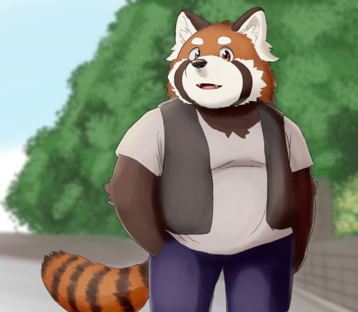 anthro black_nose bottomwear brown_body brown_fur clothing fur kemono male orange_body orange_fur outside overweight overweight_anthro overweight_male pants shirt solo topwear white_body white_fur tiger_cub ailurid mammal red_panda 2021