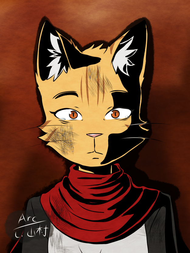 anthro bodily_fluids clothed clothing hard_shadows looking_at_viewer pupils red_scarf scarf scratches slit_pupils solo tears thousand_yard_stare whiskers arc_rose domestic_cat felid feline felis mammal digital_drawing_(artwork) digital_media_(artwork)