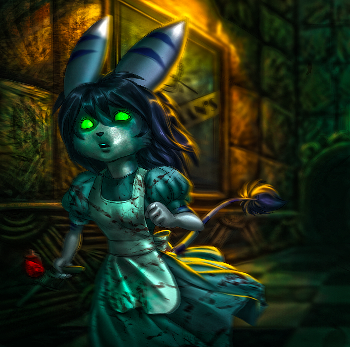 anthro black_hair blood bodily_fluids clothed clothing dress female fur green_eyes grey_body grey_fur hair running solo tail tail_tuft tuft pirate-cashoo 2k_games bioshock ratchet_and_clank sony_corporation sony_interactive_entertainment lati_the_lombax little_sister_(bioshock) lombax mammal